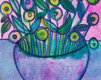 Purple vase mini gouache painting mounted on wood