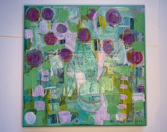 Green and Circles acrylic and mixed media painting on wood