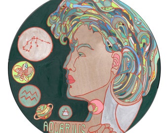 Aquarius round panel mixed media painting on wood