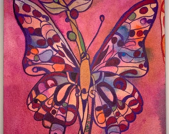 Butterfly mini gouache painting mounted on wood