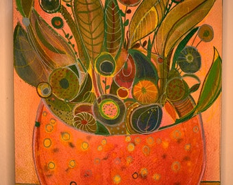 Strange plant gouache painting mounted on wood