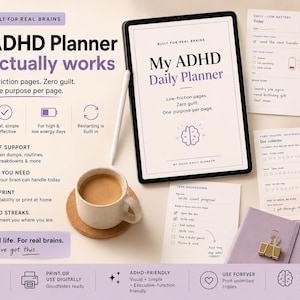ADHD Planner Printable | Adult ADHD Daily Planner, Brain Dump, Habit Tracker, Dopamine Menu, Executive Function Support, Digital Download