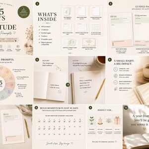 Puede incluir: Un conjunto de diario de gratitud digital con 365 indicaciones diarias, páginas guiadas y 12 temas. El diseño incluye un rastreador de desafíos de 30 días, tarjetas imprimibles y un certificado. El diseño utiliza una paleta de colores neutros.