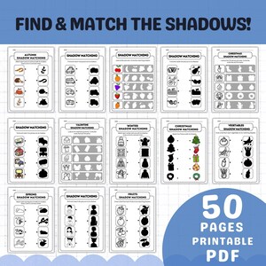 May include: A 50-page printable PDF featuring shadow matching games. The games are themed around seasons and holidays, including autumn, Christmas, Valentine's Day, winter, and spring. The title reads "Find & Match the Shadows!"