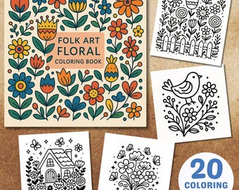 Folk Art Floral Coloring Book, Scandinavian Style (Printable/Physical Book)