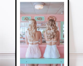 Retro Diner Wall Art, 1950s Style, Mid-Century Restaurant Scene, Vintage Home Decor