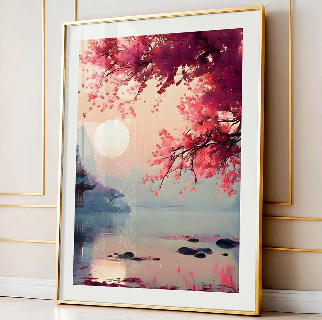 Japanese Cherry Blossom Landscape Print, Pink Blossom Wall Art - Etsy