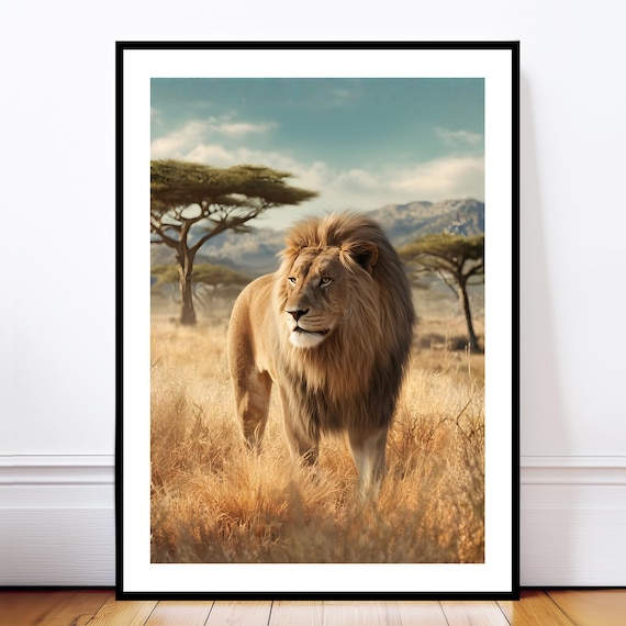 African Lion Poster, Big Cat Art Print, Safari Wildlife Home Style