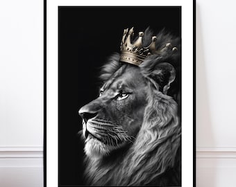 Lion King Art Print, Regal Big Cat Animal Poster, Gold Crown Animal, Safari Theme