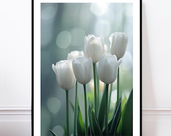 Impressão artística floral de tulipas brancas: poster botânico de flores