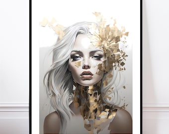 Peut inclure: Impression d'art encadrée. Portrait d'une femme aux cheveux blancs et aux yeux bleus. Des éléments en feuille d'or ornent la tête et le cou, créant un effet dramatique. L'impression est sur fond blanc. Une œuvre d'art saisissante.