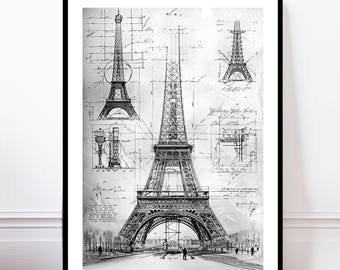 Eiffel Tower Wall Art, Architectural Drawing Print, Paris City Illustration, Urban Design Poster