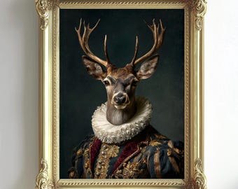 Vintage Portrait – Renaissance Stag Art Print, Regal Animal Poster with Deer Head Human Body