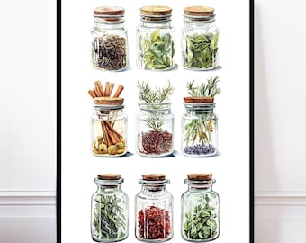 Poster Vintage de Potes de Especiarias para Cozinha: Arte de Parede para Sala de Jantar
