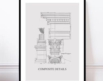 May include: Black framed print featuring architectural blueprints of a composite column. The detailed drawing shows the capital, shaft, and base of the column, with the text "COMPOSITE DETAILS" at the bottom. The print is displayed against a light gray background.