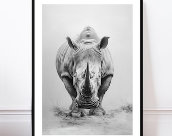May include: Black and white framed print of a rhinoceros. The rhino is centered, facing the viewer, with detailed skin texture and a prominent horn. The artwork is set against a soft, neutral background, creating a striking contrast.