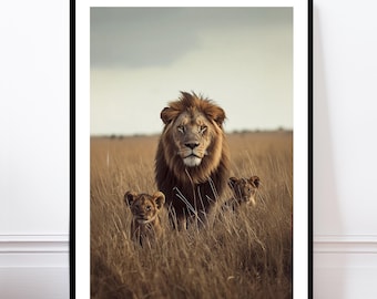 ライオンの攻撃、野生動物をテーマにしたアートプリント - Etsy 日本