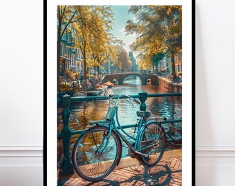 Amsterdam Canal Poster, Colourful Cityscape Print, Architecture Wall Art