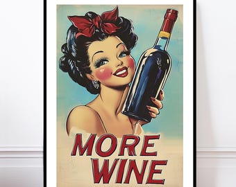 Wine Poster, Retro Kitchen Print, Dining Room Wall Art, Vintage Wine Illustration 1950s