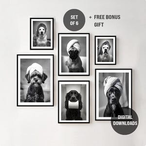 Peut inclure: Un ensemble de six portraits de chiens en noir et blanc encadrés. Chaque chien porte une serviette blanche sur la tête. L'image comprend le texte "SET OF 6" et "+ FREE BONUS GIFT". L'image comprend également le texte "DIGITAL DOWNLOADS".