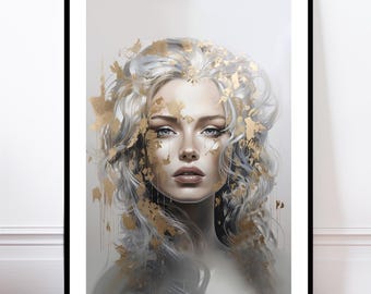 Peut inclure: Impression d'art encadrée représentant une femme aux cheveux argentés et des détails en feuilles d'or. Le portrait présente une femme aux yeux bleus et aux lèvres neutres. L'œuvre est sur un fond neutre et doux.