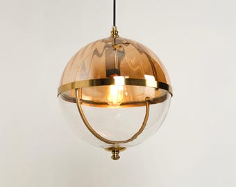 Modern Amber Glass Globe Pendant Light, Handmade Double Color Glass Ceiling Light, Vintage Kitchen or Hallway Chandelier, Art Deco Pendant