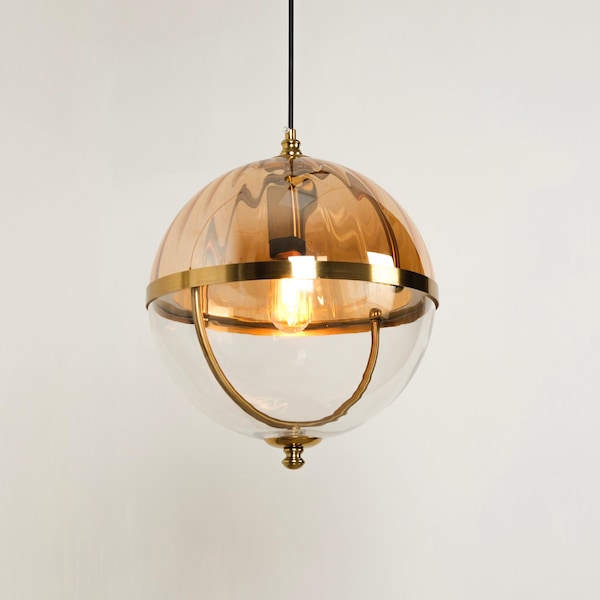 Modern Amber Glass Globe Pendant Light, Handmade Double Color Glass Ceiling Light, Vintage Kitchen or Hallway Chandelier, Art Deco Pendant