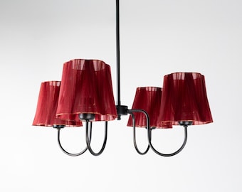 Modern Farmhouse Dining or Living Room Chandelier, Cottage Home Decor Pendant Light with Pleated Ribbon Lampshades, 4-Light Ceiling Lamp