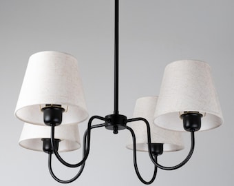 Mid-Century Modern Chandelier, 4-Light Linen Shade Ceiling Lamp, Cottage Dining Room or Living Room Pendant Light, Contemporary Chandelier