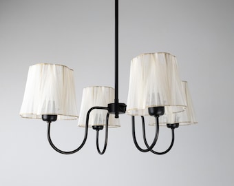 Modern Farmhouse Dining or Living Room Chandelier, Cottage Home Decor Pendant Light with Pleated Ribbon Lampshades, 4-Light Ceiling Lamp