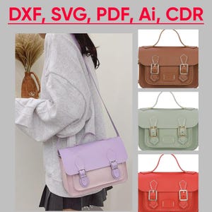 Può includere: Una persona indossa una borsa a tracolla lilla e rosa con fibbie argentate e una tracolla. L'immagine mostra anche tre borse a tracolla aggiuntive in marrone, verde menta e rosso. Il testo "DXF, SVG, PDF, Ai, CDR" è in alto.
