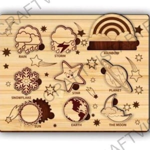 May include: Wooden puzzle featuring weather and space-themed shapes. Includes a rainbow, planet, star, sun, moon, and earth. The puzzle pieces are in the shape of a snowflake, storm, and rain. The words "Rain", "Storm", "Rainbow", "Snowflake", "Star", "Planet", "Earth", "The Moon", and "Sun" are printed on the puzzle.