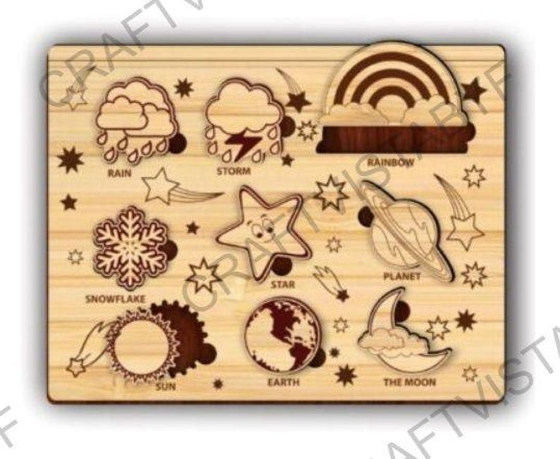 May include: Wooden puzzle featuring weather and space-themed shapes. Includes a rainbow, planet, star, sun, moon, and earth. The puzzle pieces are in the shape of a snowflake, storm, and rain. The words "Rain", "Storm", "Rainbow", "Snowflake", "Star", "Planet", "Earth", "The Moon", and "Sun" are printed on the puzzle.