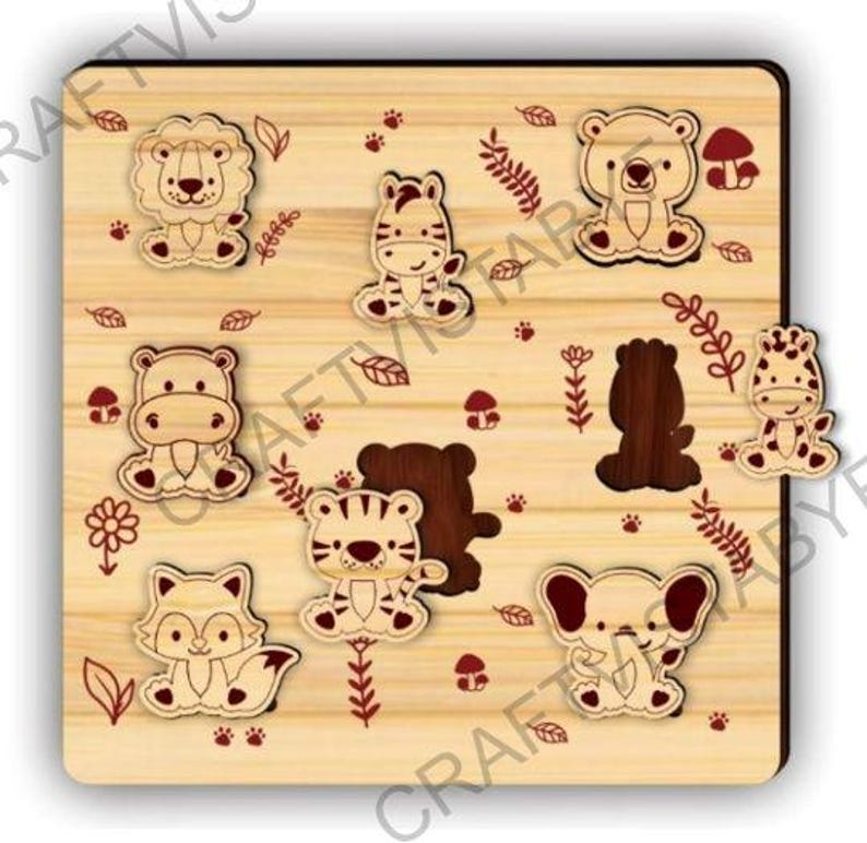 May include: Wooden animal puzzle featuring a lion, zebra, bear, hippo, fox, tiger, elephant, and giraffe. The puzzle pieces are light brown with dark brown outlines and details. The base is light brown with red decorative elements.