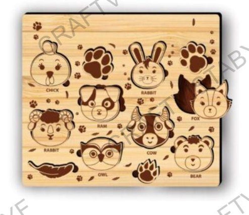 May include: Wooden animal puzzle featuring a chick, rabbit, ram, owl, cow, and bear. The puzzle includes paw prints and animal shapes. The fox is a separate piece. The puzzle is made of light-colored wood.