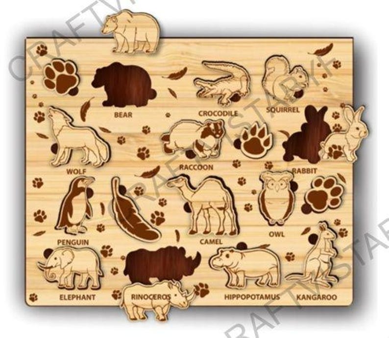 May include: Wooden animal puzzle featuring a bear, wolf, penguin, elephant, and other animals. The puzzle pieces are removable and shaped like the animals. The background is light brown with paw prints and leaf details.