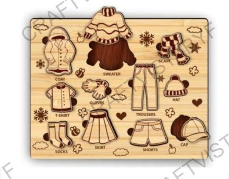 May include: Wooden puzzle featuring clothing items like a coat, sweater, trousers, and shorts. The puzzle pieces are light brown with darker brown outlines. Other pieces include a hat, scarf, gloves, and socks. The word "SWEATER" is visible.