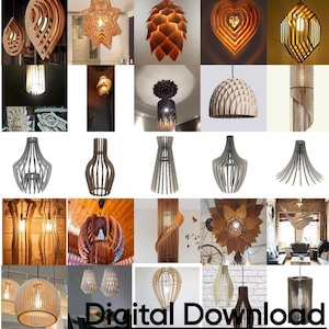 Puede incluir: Una colección de varias lámparas colgantes de madera en diferentes formas y diseños. Las luces están hechas de madera en capas, mostrando patrones intrincados y tonos cálidos. Algunos diseños incluyen formas de lágrima, estrella y geométricas, con bombillas visibles.