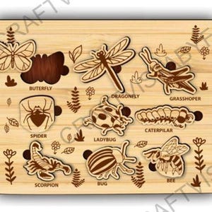 May include: Wooden puzzle featuring various insects and arachnids, including a butterfly, spider, dragonfly, grasshopper, ladybug, caterpillar, scorpion, bug, and bee. Each insect is labeled with its name. The puzzle is made of light-colored wood.