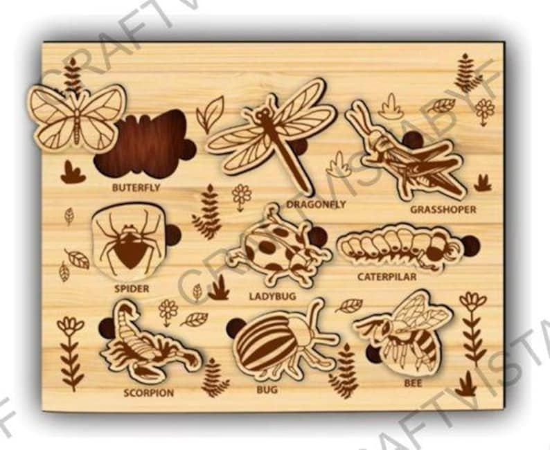 May include: Wooden puzzle featuring various insects and arachnids, including a butterfly, spider, dragonfly, grasshopper, ladybug, caterpillar, scorpion, bug, and bee. Each insect is labeled with its name. The puzzle is made of light-colored wood.