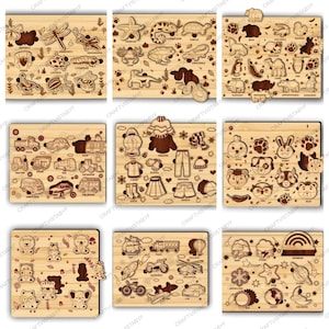 May include: Nine wooden jigsaw puzzles with various themes. The puzzles feature laser-cut designs of animals, vehicles, clothing, and other objects. Each puzzle has a wooden frame and individual pieces that fit into the corresponding shapes.