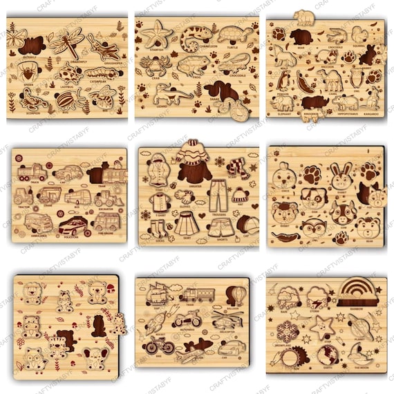3D animal puzzle set, wooden kids puzzles laser cut bundle, cloth puzzles, vehicle puzzle, baby puzzle, children game svg, educational toy
