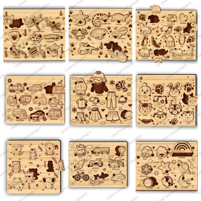 May include: Nine wooden jigsaw puzzles with various themes. The puzzles feature laser-cut designs of animals, vehicles, clothing, and other objects. Each puzzle has a wooden frame and individual pieces that fit into the corresponding shapes.