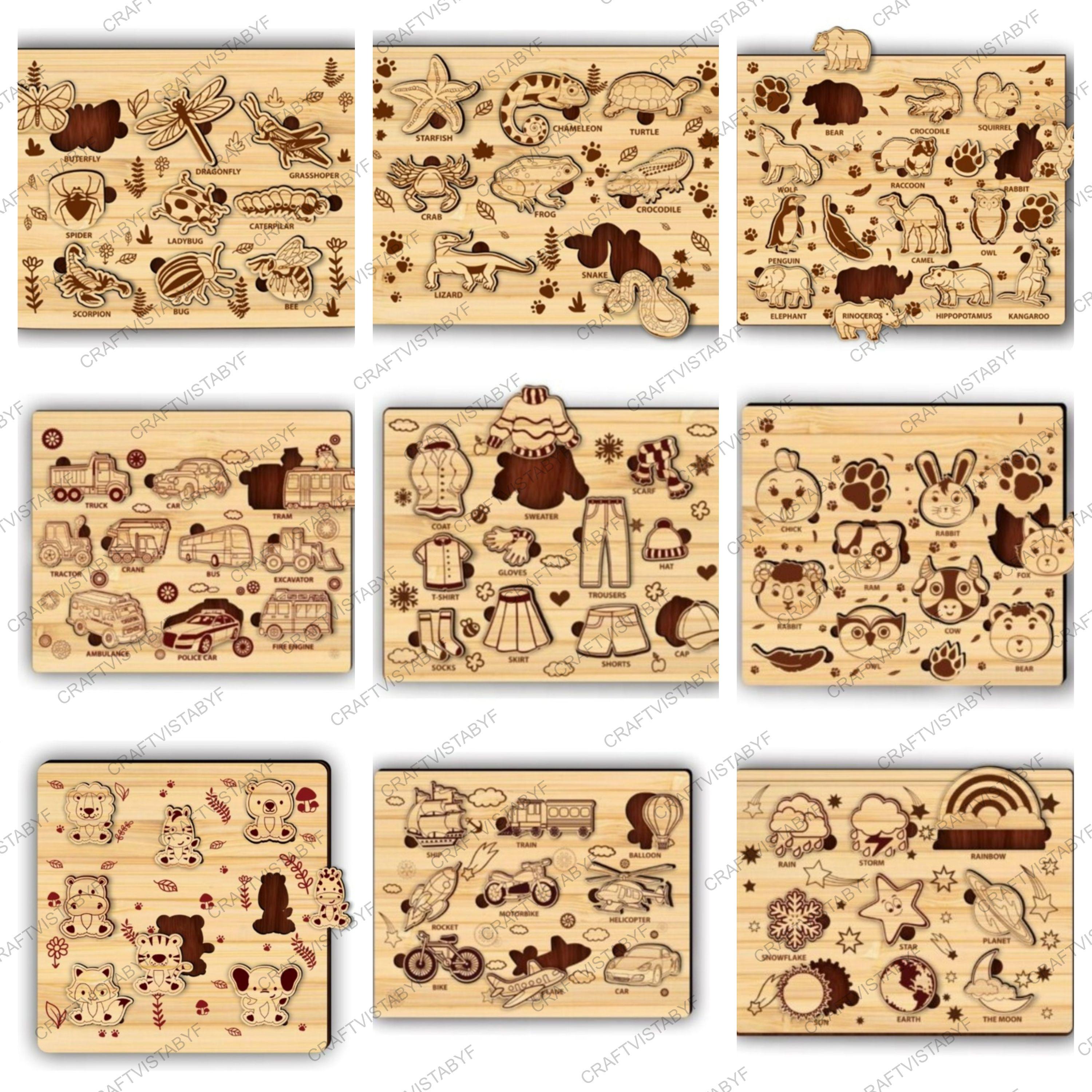 3D Animal Puzzle Set, Wooden Kids Puzzles Laser Cut Bundle, Cloth ...