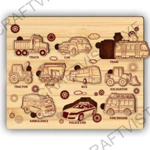 May include: Wooden puzzle featuring various vehicles, including a truck, car, tram, tractor, crane, bus, excavator, ambulance, police car, and fire engine. The puzzle pieces are laser-cut and labeled with vehicle names.