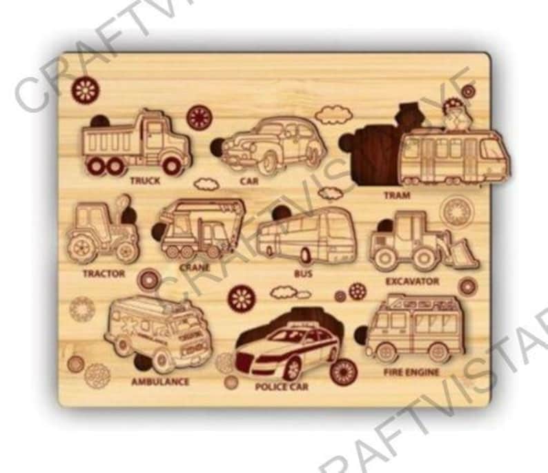 May include: Wooden puzzle featuring various vehicles, including a truck, car, tram, tractor, crane, bus, excavator, ambulance, police car, and fire engine. The puzzle pieces are laser-cut and labeled with vehicle names.