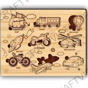 May include: Wooden puzzle featuring various modes of transportation, including a ship, train, rocket, motorbike, helicopter, bike, plane, car, and hot air balloon. Each piece is laser-cut and labeled with its name. The puzzle is designed for children.
