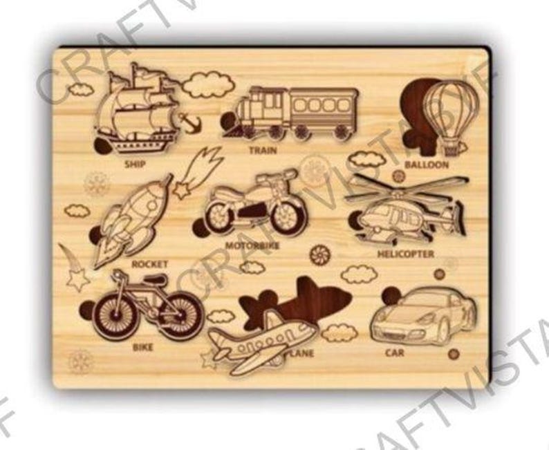 May include: Wooden puzzle featuring various modes of transportation, including a ship, train, rocket, motorbike, helicopter, bike, plane, car, and hot air balloon. Each piece is laser-cut and labeled with its name. The puzzle is designed for children.