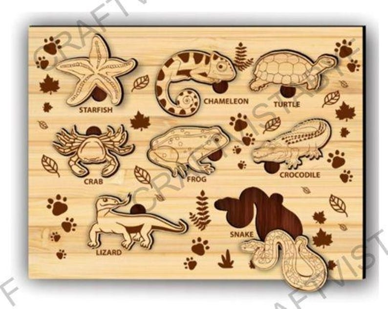 May include: Wooden animal puzzle featuring a starfish, chameleon, turtle, crab, frog, crocodile, lizard, and snake. Each animal is a separate piece with the animal's name printed below. The puzzle is decorated with paw prints and leaves.