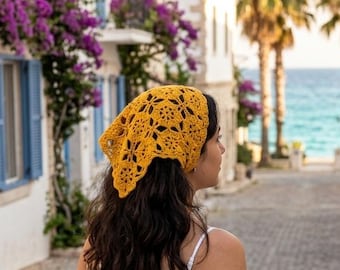 Mustard Yellow Crochet Bandana, Floral Granny Square Hair Scarf, Boho Cotton Kerchief
